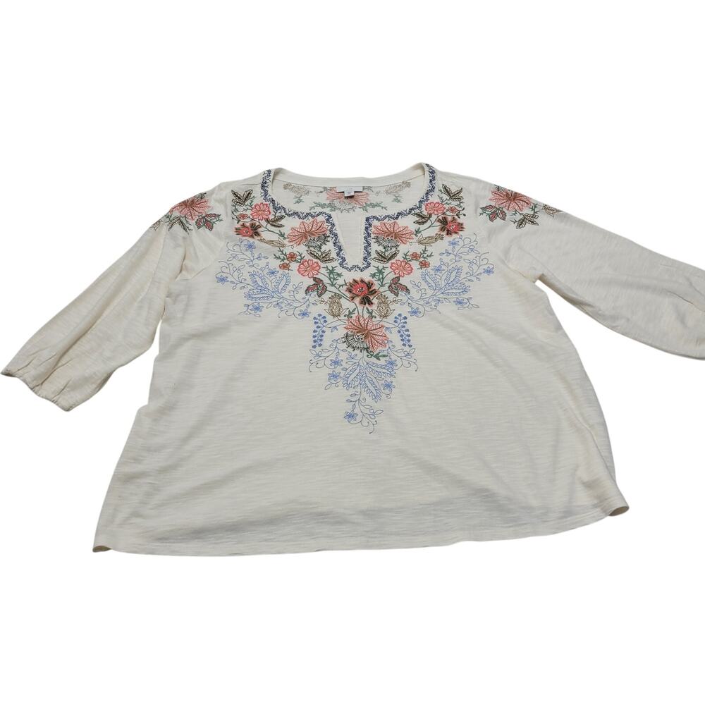 J. Jill cream floral embroidered V neck popover tunic top cotton modal XLP